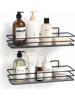 1001 Sogud Şampuanlık 2’li Set - Yapışkanlı Banyo Rafı - Delme Gerektirmeyen Siyah Metal Duş Raf