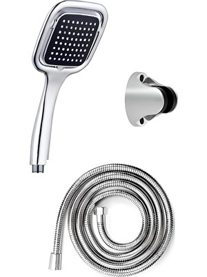 1001 Şık Tasarımlı Elegant Duş Seti, Siyah, Krom, Kare, Spiral Hortum, Duş Başlığı ve Mafsal As
