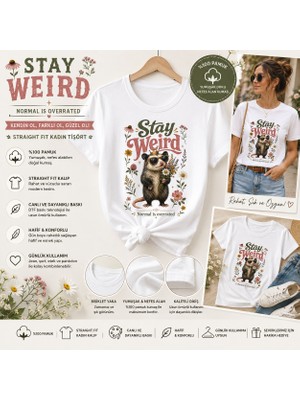 Tişört Kodu Stay Weird Straight Fit Kadın Tişört – Çiçekli Opossum Tasarımlı Baskılı Pamuk Tişört