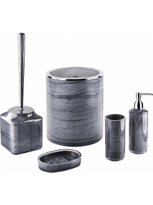 1001 5li Mermer Desenli Banyo Seti, Beş Parça Düzenleyici, 5 Litre Çöp Kovası, Tuvalet Fırçası,