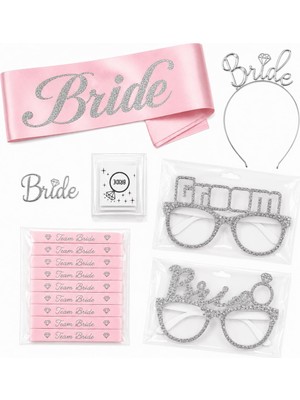 1001 28 Parça Gümüş Pembe Bekarlığa Veda Parti Aksesuar Seti – Bride Kuşak, Gümüş Taç, Bride