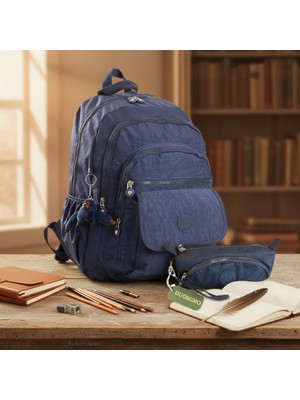 Duomino Krinkıl Suya Dayanıklı Büyük Boy Lacivert Klinkır Sırt Çantası 15,6 Laptop Seyahat Okul Çanta Kalemlik Takım