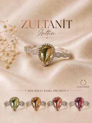Yudi Atelier Zultanit Işıltılı Renk Değiştiren Yüzük | Damla Kesim | Ayarlanabilir | Anneye Sevgiliye Hediye