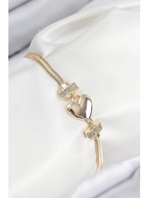 Uslucan Alışveriş Pirinç Zirkon Taşlı Kalp Model Gold Renk Kadın Bileklik - TJ-BB7901