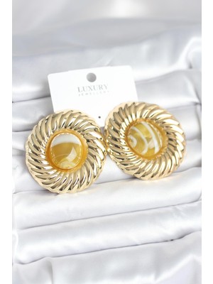 Esranın Dünyası Pirinç Gold Renk Kehribar Boncuklu Vintage Kadın Küpe