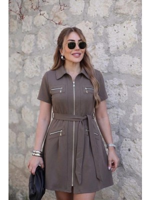 Defy Moda Kadın Kısa Kollı Yakalı Önden Fermuarlı ve Cepli Kısa Modal Elbise