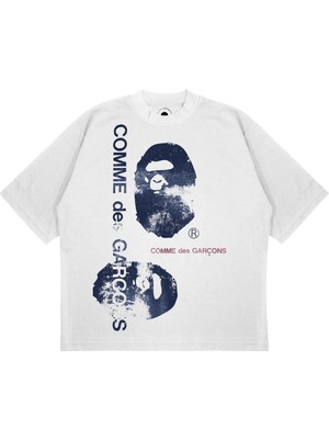 Pure Effect Unisex Oversize Comme x A Bathıng Ape Baskılı Boxy Fit Kalın Kumaşlı (240GSM) T-Shirt