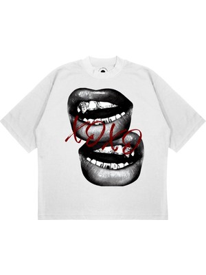 Pure Effect Unisex Oversize Teeth Xoxo Baskılı Boxy Fit Kalın Kumaşlı (240GSM) T-Shirt