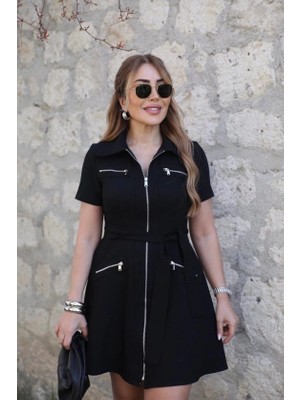 Defy Moda Kadın Kısa Kollı Yakalı Önden Fermuarlı ve Cepli Kısa Modal Elbise