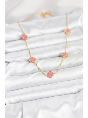Esranın Dünyası 316L Çelik Zincir Gold Renk Pembe Baby Boy Yonca Kadın Kolye