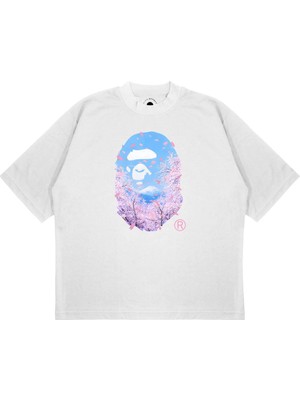 Pure Effect Unisex Oversize Sakura Entegre x Bathıng Ape Baskılı Boxy Fit Kalın Kumaşlı (240GSM) T-Shirt