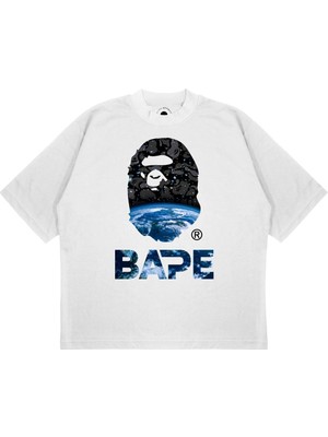 Pure Effect Unisex Oversize A Bathıng Ape Earth Baskılı Boxy Fit Kalın Kumaşlı (240GSM) T-Shirt