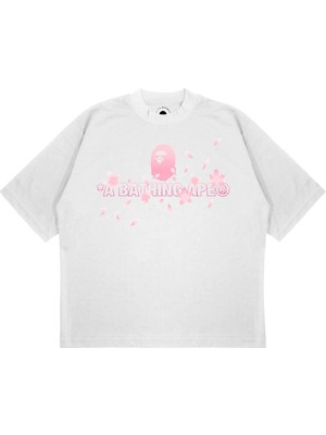 Pure Effect Unisex Oversize Bape x Sakura Leaves Baskılı Boxy Fit Kalın Kumaşlı (240GSM) T-Shirt