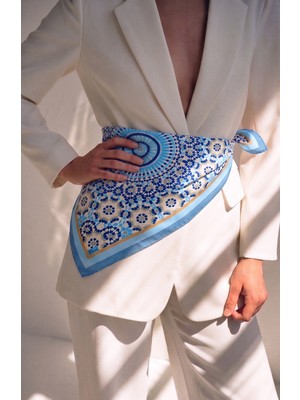 Ege Fular Şal Kadın Ipek Rayon Eşarp 90X90 cm Şaven Mozaik Desenli Mavi Bej Fular Şal Karam Serisi