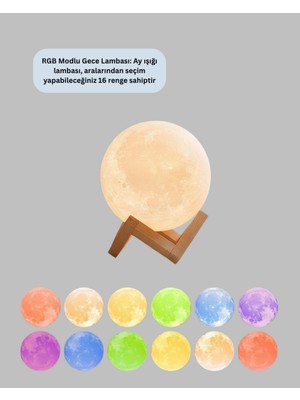 Zero Land Kmrsfres 16 Renkli 3D Baskılı Ay Lambası Ahşap Standlı ve Uzaktan Kumandalı