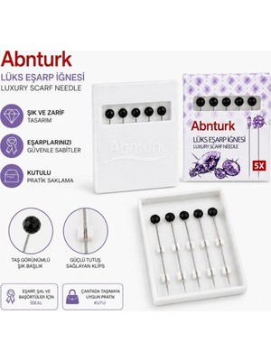 Abnturk 5 Adet Lüks Şık 38MM Siyah Taşlı Eşarp Iğnesi-Şal ve Başörtü Sabitleme Kutulu Iğne Seti