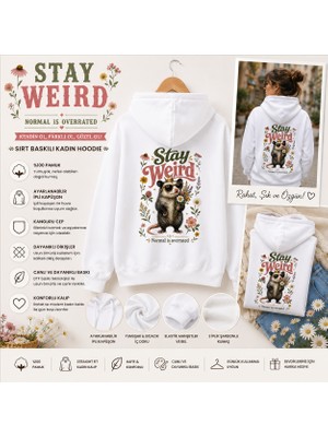 Tişört Kodu Stay Weird Sırt Baskılı Kadın Hoodie – Çiçekli Opossum Tasarımlı Beyaz Kapüşonlu Sweatshirt