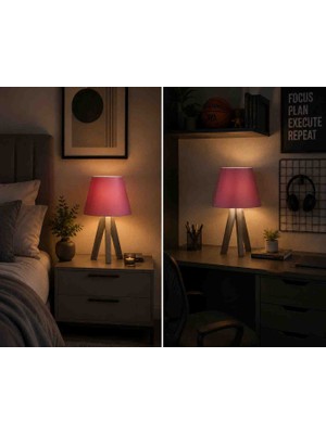 Minevoo Modern Pembe Abajur – Ahşap Ayaklı, Pla Gövdeli Dekoratif Masa Lambası