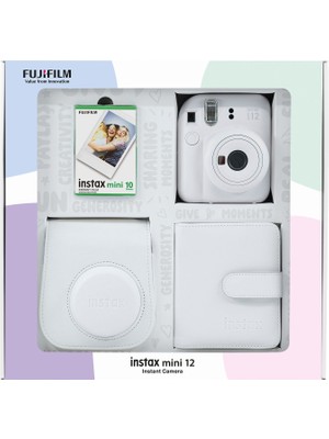Fujifilm Instax Mini 12 Beyaz Fotoğraf Makinesi + 10'lu Film Kare Albüm ve Deri Kılıf