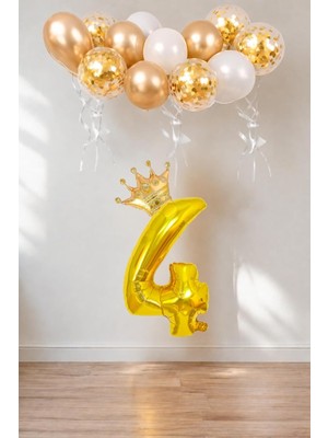 Valor 4 Rakam Gold Folyo Balon, Kral Tacı ve Konfetili Gold Balon