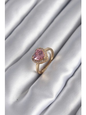 Armüz Pirinç Gold Renk Pembe Zirkon Taş Kalp Charm Model Kadın Yüzük