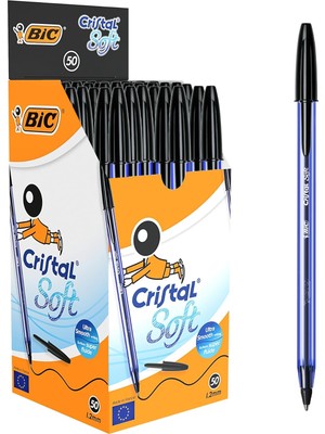 Valor Bic Cristal Soft Tükenmez Kalem, Siyah, 50'li Kutu, 1.2 mm Orta Kalınlıkta Uç, Şeffaf Gövde, Delikl