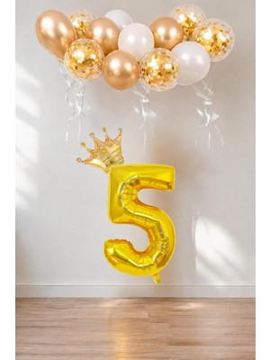 Valor 5 Rakam Gold Folyo Balon, Kral Tacı ve Konfetili Gold Balon