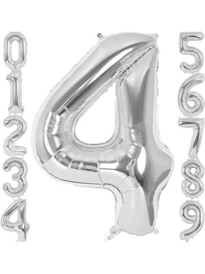 Valor Xesha 4 Rakamı Doğum Günü Balonu Yaş Günü Gümüş Renk Uçan Balon 102 cm Doğum Günü ve Parti Dekorasy