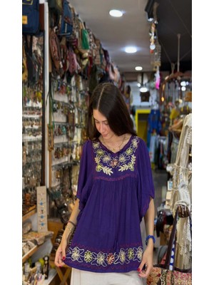 Fibula Bohem ve Otantik Standart Beden Işlemeli Pamuk Bluz 36-46 Bedenler Arası Uygun