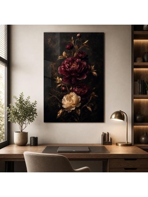 Bordo Şakayık Desenli Baskılı Cam Tablo – Uv Baskı Dekoratif Duvar Tablosu