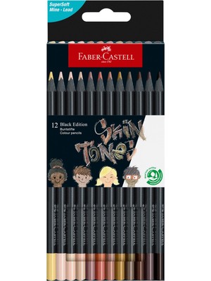 Valor Faber-Castell Black Edition Boya Kalemi 12’li Skin Tones, Siyah Lata, Siyah Kağıda Uyumlu, Ergonomi