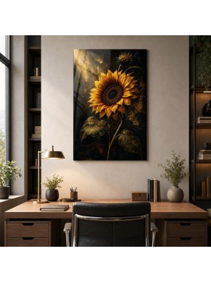 Ayçiçeği Desenli Baskılı Cam Tablo – Gold Detaylı Dekoratif Duvar Tablosu