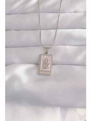 Armüz 316L Çelik Gümüş Renk Pembe Mineli El Figür Tarot Kolye