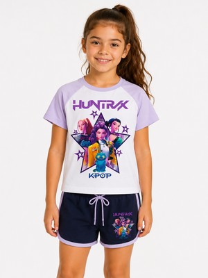 Vaxy Style Huntrix Rumi Mira Zoey Demon Hunters Anime Baskılı Kız Çocuk Tişört Şort Takımı Lila