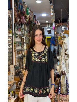 Fibula Bohem ve Otantik Standart Beden Işlemeli Pamuk Bluz 36-46 Bedenler Arası Uygun