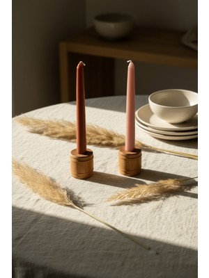 U Atölye Barrel Kayın Ahşap Şamdan Standart Konik Mum Için Salon Konsol Mumluk 2'li Set 5,5 cm