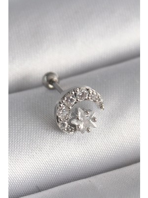 Armüz 316L Çelik Gümüş Renk Zirkon Taşlı Ay Yıldız Tragus Piercing