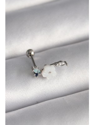 Armüz 316L Çelik Gümüş Renk Zirkon Taş Detay Beyaz Çiçek Model Tragus Piercing