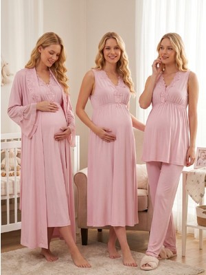 Lohussa Yeni Sezon Pembe Şal Yaka Dantel Detaylı Yazlık Özel Tasarım Emzirme Özellikli %100 Pamuk Hamile Sabahlık Pijama Takımı Gecelik Lohusa Seti
