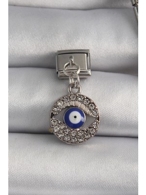 Armüz 316L Çelik Gümüş Renk Sallantı Zirkon Taşlı Göz Model Nazar Boncuk Detay Nomination Charm