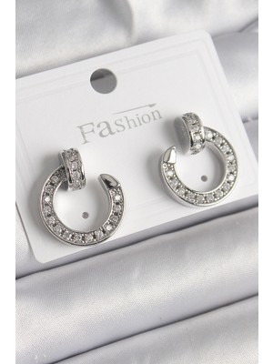 Armüz Pirinç Gümüş Renk Zirkon Taşlı Çivi Halka Model Kadın Küpe