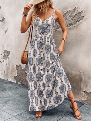 Modi Kadın Ip Askılı V Yakalı Önden Düğmeli Desenli Uzun Süprem Elbise