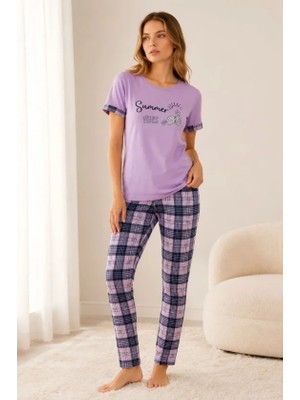 Modi Pamuklu Penye Summer Baskılı Kısa Kollu Pijama Takımı Bisiklet Yaka Ekose Desenli - Lila