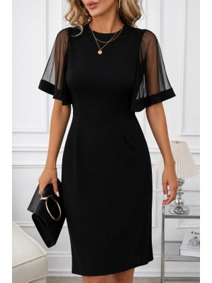 Modi Kadın Kısa Kollu Bisiklet Yakalı Midi Ithal Krep Elbise