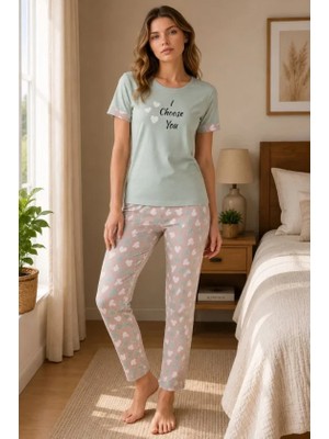 Modi Pamuklu Penye Baskılı Kısa Kollu Bisiklet Yaka Pijama Takımı - Mint