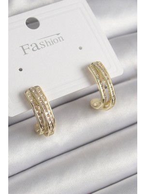 Armüz Pirinç Gold Renk Zirkon Taşlı Yarım Halka Model Kadın Küpe
