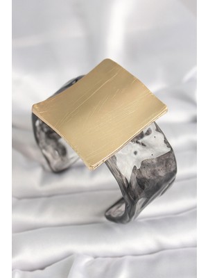 Armüz Siyah Mermer Desen Akrilik Plastik Gold Kare Plaka Model Vintage Kadın Bilezik