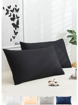 1001 Pamuklu 2'li Kapaklı Yastık Kılıfı 50X70 cm - Yumuşak ve Nefes Alabilir (Siyah)