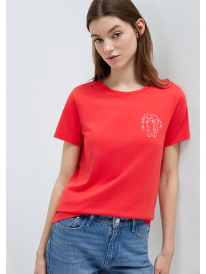 Mavi Kedi Baskılı Kırmızı Tişört 1613873-71083