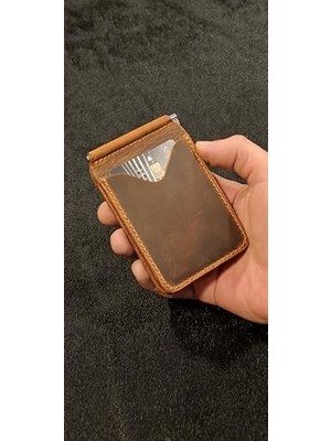 1001 Erkek Cüzdan Natürel Deri Metal Para Klipsli Cüzdan & Kartlık Slim Kartlık (Turuncu)